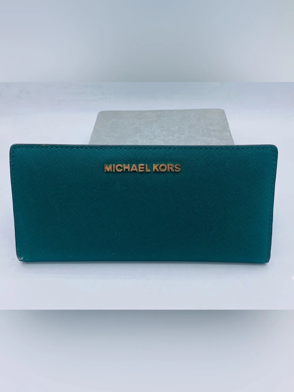 Michael Kors Teal Saffiano Leather Jet Set Travel Wallet with Gold Logo